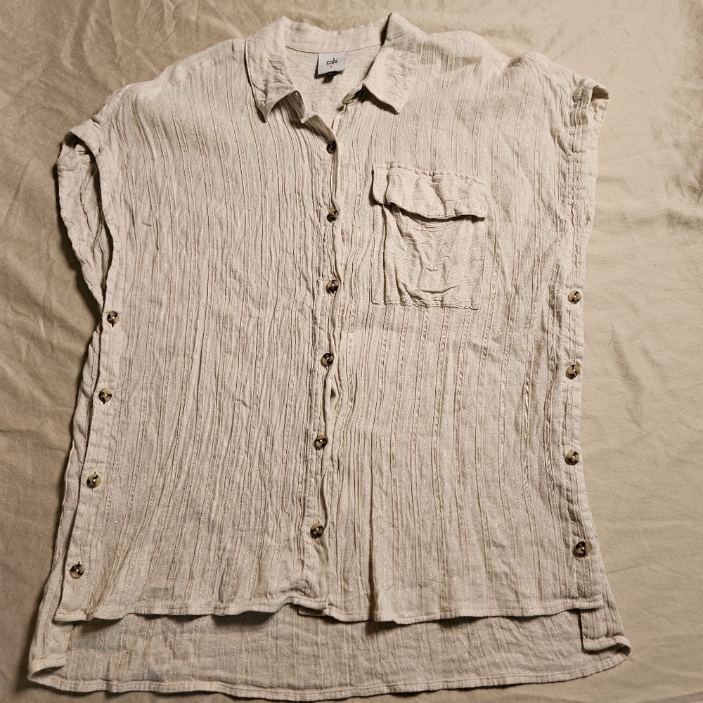 Cabi Linen Blend Side Button Sleeveless Top Cream Gauze‎ Blouse Large L Coastal